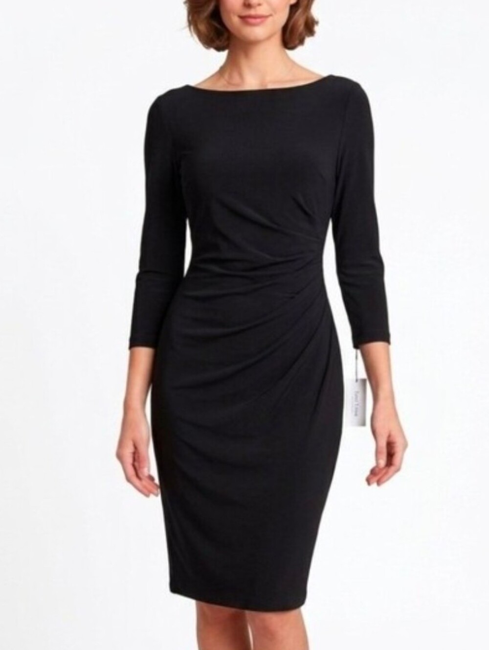 American Living Dress Ruched Bateau Neckline  Long Sleeve Midi Black Size 6